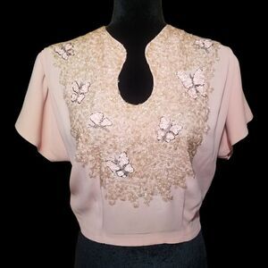 1950s Pink Hand Beaded Crepe Crop Top Size 8